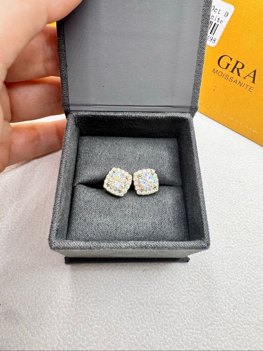 GRA Certified 2.0 CTW Moissanite Stud Earrings Gold Plated 925 6.5mm NIB